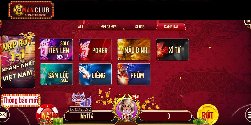 game bài Giao diện sảnh game bài ManClub đẹp mắt, ấn tượng
